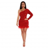 Red One Sleeve Bodycon Sequin Feather Sexy Mini Dress