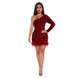 WineRed One Sleeve Bodycon Sequin Feather Sexy Mini Dress