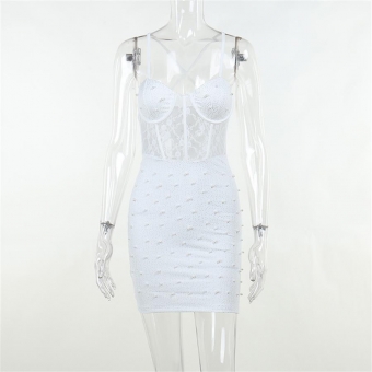 White Halter Low-Cut Lace Beading Bodycon Sexy Mini Dress