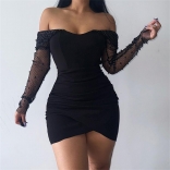 Black Long Sleeve Off-Shoulder Beading Mesh Bodycon Mini Dress
