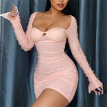 Pink Long Sleeve Boat-Neck Beading Mesh Sexy Mini Dress
