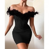 Black Low-Cut Feather Off-Shoulder Bodycon Sexy Mini Dress