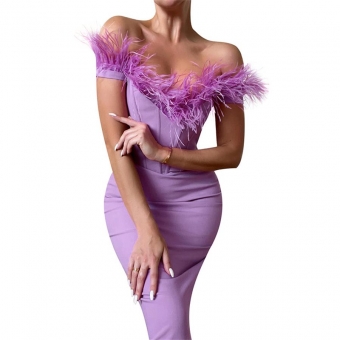 Purple Low-Cut Feather Off-Shoulder Bodycon Sexy Mini Dress