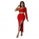 Red One Long Sleeve Sequin Hollow-out Bodycon Maxi Dress