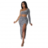 Grey One Long Sleeve Sequin Hollow-out Bodycon Maxi Dress
