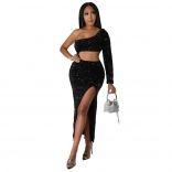 Black One Long Sleeve Sequin Hollow-out Bodycon Maxi Dress