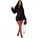 Black Long Sleeve Hollow-out Mesh Bodycon Sexy Party Dress