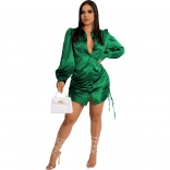 Green Long Sleeve Deep V-Neck Button Pleated Sexy Women Bandage Mini Dress