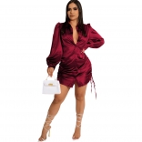 Red Long Sleeve Deep V-Neck Button Pleated Sexy Women Bandage Mini Dress