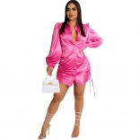 RoseRed Long Sleeve Deep V-Neck Button Pleated Sexy Women Bandage Mini Dress