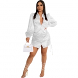 White Long Sleeve Deep V-Neck Button Pleated Sexy Women Bandage Mini Dress