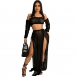 Black Off-Shoulder Boat-Neck Mesh Sexy Women Club Long Dress