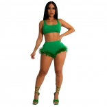 Green Halter Low-Cut Sexy Sports Feather Bodycon Short Sets