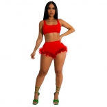 Red Halter Low-Cut Sexy Sports Feather Bodycon Short Sets