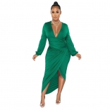 Green Long Sleeve Deep V-Neck Pleated Women Sexy Midi Dress