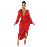 Red Long Sleeve Deep V-Neck Pleated Women Sexy Midi Dress