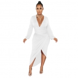 White Long Sleeve Deep V-Neck Pleated Women Sexy Midi Dress