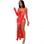 Red Mesh Deep V-Neck Sexy Rhinestone Bodycon Fashion Maxi Dress