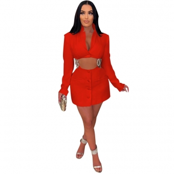 Red Button V-Neck Long Sleeve Fashion Chains Rhinestone Party Mini Dress
