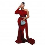 WineRed Long Sleeve Boat-Neck Fashion Evening Party Long Dress