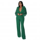 Green Mesh Long Sleeve Forals Deep V-Neck Bodycon Women Sexy Jumpsuit