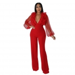 Red Mesh Long Sleeve Forals Deep V-Neck Bodycon Women Sexy Jumpsuit