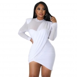 White Mesh Long Sleeve Low-Cut V-Neck Pleated Bodycon Mini Dress