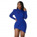 Blue Mesh Long Sleeve Low-Cut V-Neck Pleated Bodycon Mini Dress