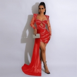 Red Mesh Rhinestone Long Sleeve Low-Cut Bodycon Mini Dress