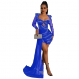 Blue Mesh Rhinestone Long Sleeve Low-Cut Bodycon Mini Dress