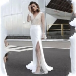White Mesh V-Neck Fashion Women Slit Party Evening Dress
