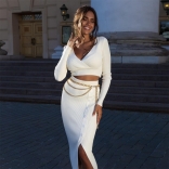 White Long Sleeve V-Neck Cotton Hight Stretch Button Sexy Women Midi Dress