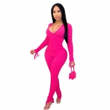 RoseRed Low-Cut V-Neck Bandage Long Sleeve Bodycon Sexy Jumpsuit