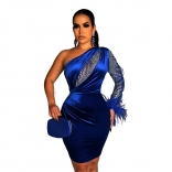 Blue One Long Sleeve Mesh Rhinestone Bodycon Deep V-Neck Sexy Mini Dress