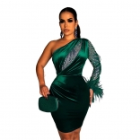 Green One Long Sleeve Mesh Rhinestone Bodycon Deep V-Neck Sexy Mini Dress