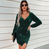 Green V-Neck Long Sleeve Fashion Beauty Women Party Dress