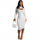White Long Sleeve Hollow-out Cotton Fashion Women Midi Dress