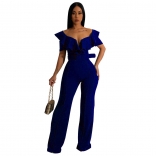 Blue Foral Low-Cut V-Neck Bodycon Belt Fashion Women Jumpsuit Dress