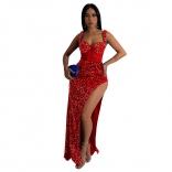Red Halter Low-Cut Gauze Sequin Bodycon Sexy Evening Long Dress