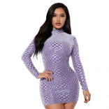 Purple Long Sleeve O-Neck Sequin Bodycon Sexy Party Mini Dress