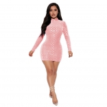Pink Long Sleeve O-Neck Sequin Bodycon Sexy Party Mini Dress