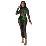 Green Mesh Bodycon Perspective Sexy Club Women Midi Dress