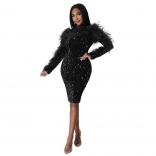 Black Long Sleeve Feather Sequin Bodycon Evening Long Dress