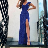 Blue Sleeveless V-Neck Sequin Bodycon Slit Women Long Dress