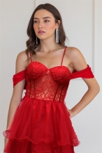 Red Halter Off-Shoulder Lace Mesh Sexy Skirt Evening Dress