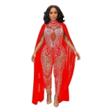 Red Mesh Sexy Rhinestone Sleeveless Hollow-out Sexy Bodycon Women Jumpsuit