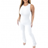 White Sleeveless Halter O-Neck Cotton Pleated Slim Sexy Jumpsuit