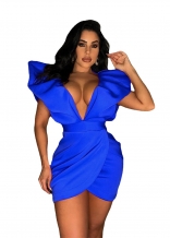 Blue Foral Deep V-Neck Fashion Women Bodycon Mini Dress