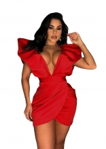 Red Foral Deep V-Neck Fashion Women Bodycon Mini Dress