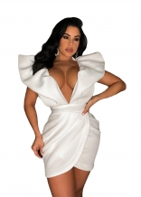 White Foral Deep V-Neck Fashion Women Bodycon Mini Dress